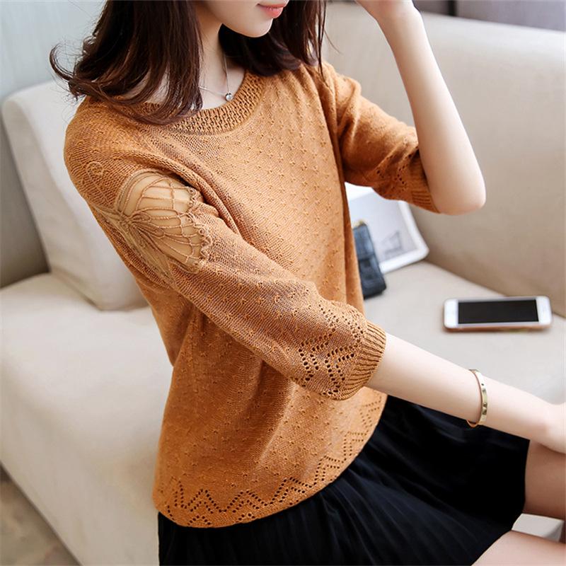 Тонкий свитер, полый кружевной вязаный свитер, новые женские свободные рубашки с семиминутными рукавами, топы