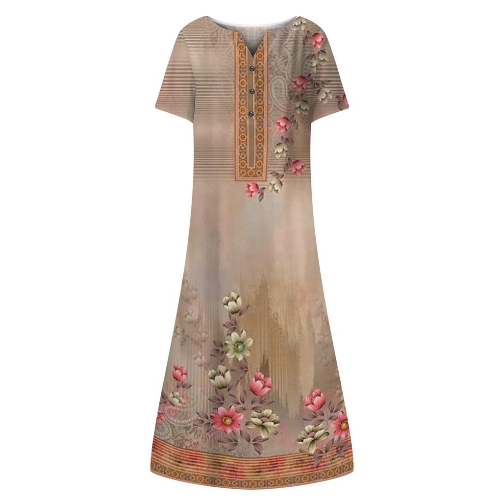 Women's Summer Casual Printing Fashion V-neck Short Sleeved Beach Swing Skirt