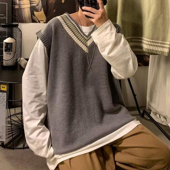 Мужской жилет свитер с V-образным вырезом без рукавов свободный цветной вязаный пуловер средней длины утолщенный преппи и