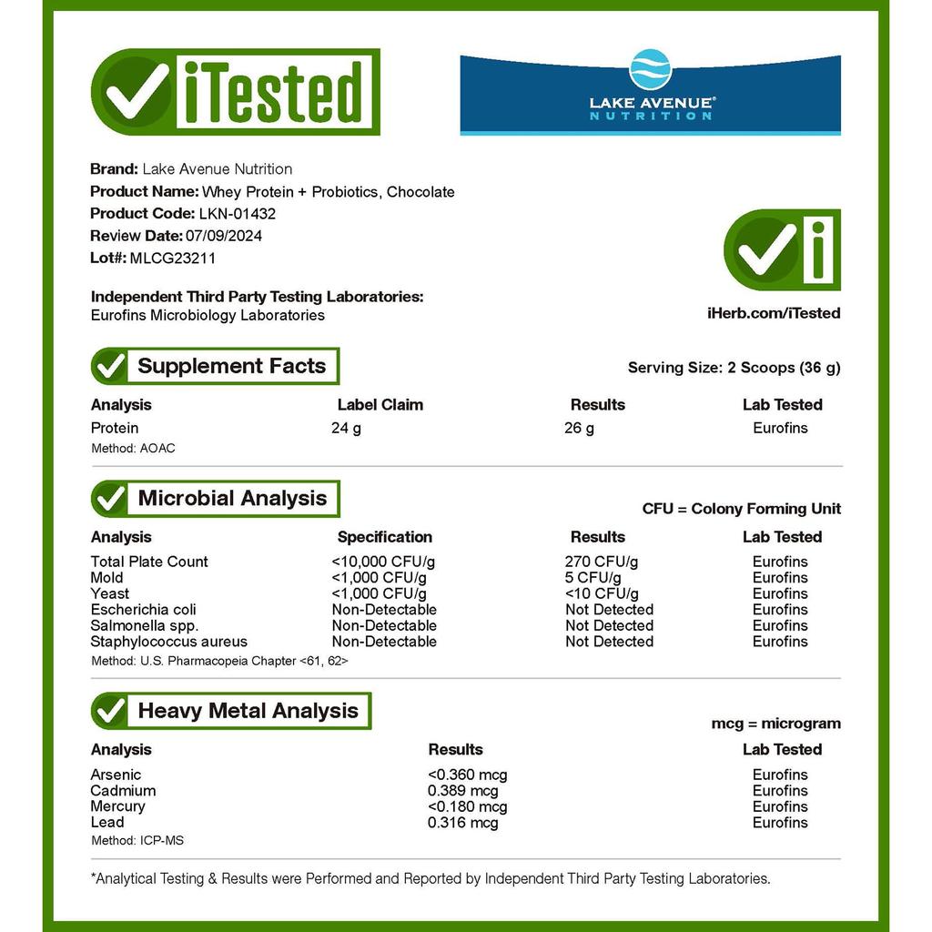 Lake Avenue Nutrition Whey Protein + Probiotic, Chocolate Flavor, 5 Lb (2.27 Kg)