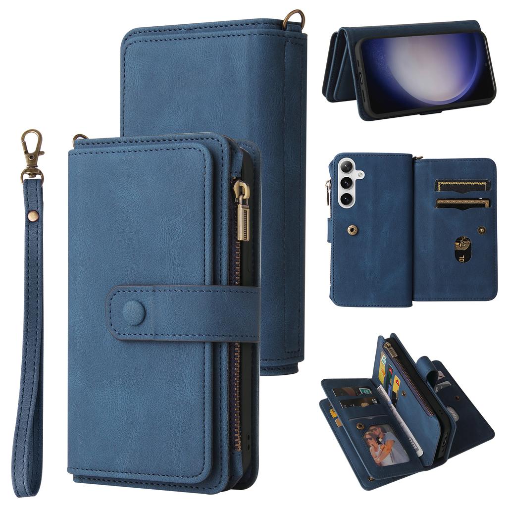 Чехол-кошелек на молнии для Samsung Galaxy S24/Galaxy S25 с 15 отделениями для карт и ремешком, кожаный чехол для телефона