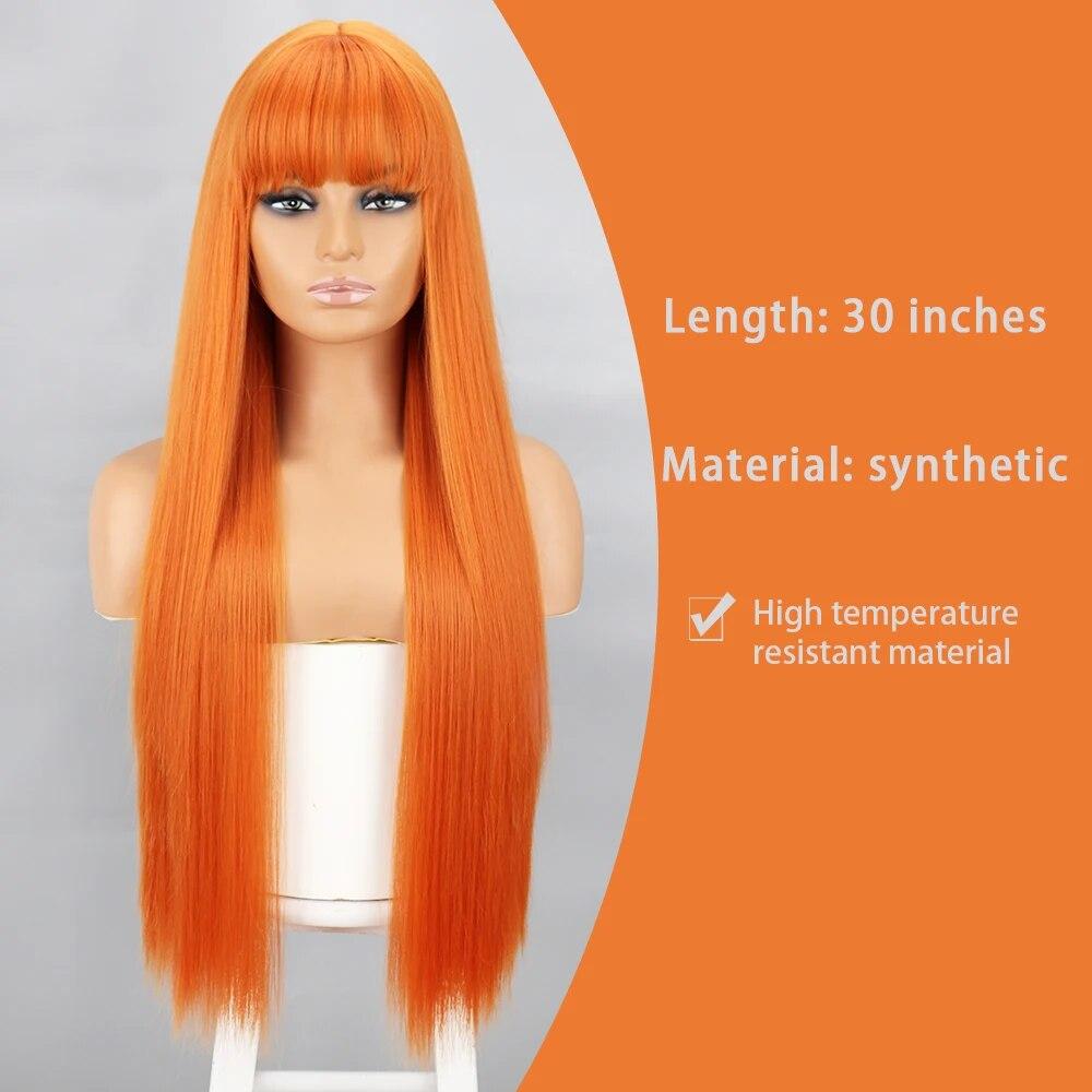 Оранжевые синтетические парики Длинные прямые парики с челкой для женщин Розовый Красный Косплей Вечерние Ежедневное использование Натуральные волосы