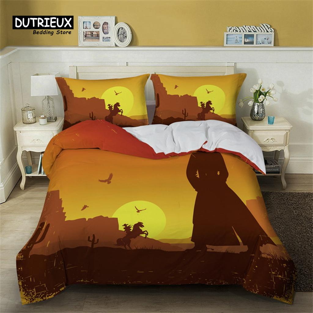 Пододеяльник в стиле вестерн-ковбой, комплект постельного белья в традиционном стиле с изображением шляпы Родео, комплект постельного белья King для детей, мальчиков, подростков, микрофибра, пододеяльник с изображением заката