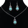 Винтажный национальный имитация бирюзы женский набор серег и ожерелья из сплава с посеребрением под античное серебро, зеленые серьги и ожерелье