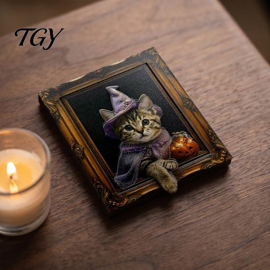 Office Cabinets Decorative Magnets Halloween Cat Frame Fridge Magnet, Retro Wooden Refrigerator Kitchen Decoration Accessories, Party Favors Magnet