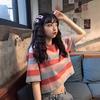 New Summer Korean Loose Rainbow Striped Short-sleeved T-shirt for Female Students Short Navel-open Versatile Top