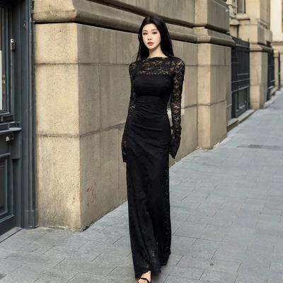 Женское Элегантное Кружевное Макси Платье с Длинным Рукавом Bodycon для Вечерней Вечеринки Перчатки