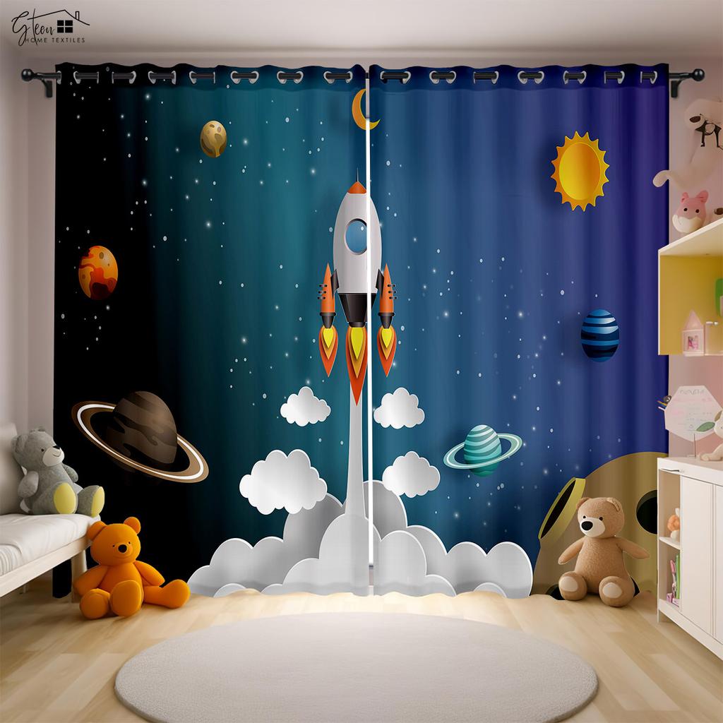 Аэрокосмический мультфильм 3D Печатные шторы Астронавт Космонавт Космический корабль Ракета Запуск Спальня Кабинет Детская комната Шторы 2 ШТ