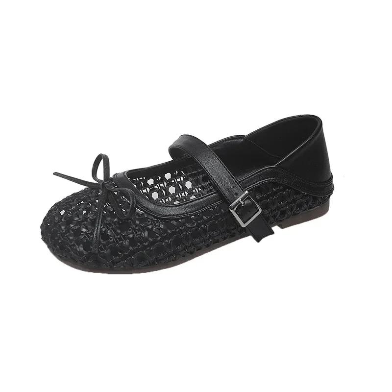 Новые летние дышащие плетеные туфли-слипоны с вырезами для женщин, с бантом-бабочкой, на одинарном ремешке, универсальные, модные Мэри Джейн