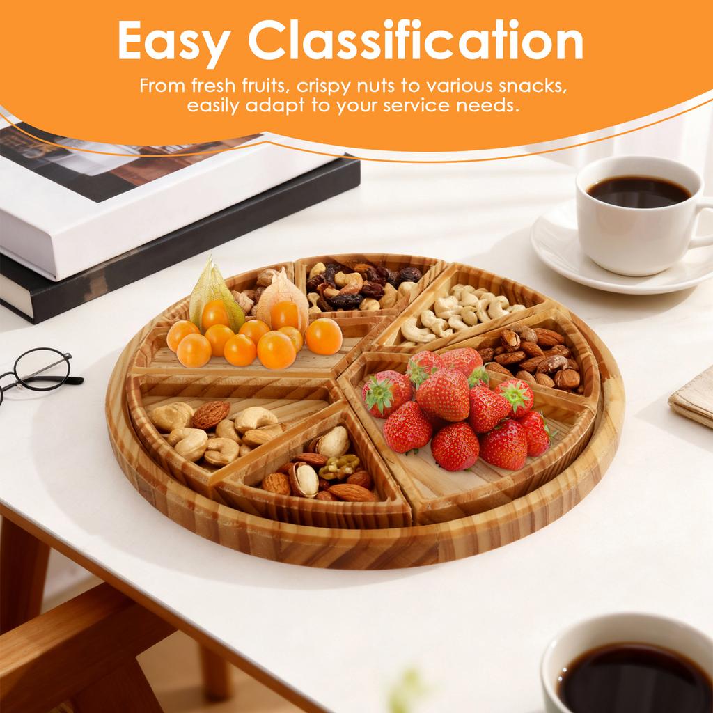 Puzzle Serving Tray with 8 Removable Compartment Wooden Divided Tray Food Platter for Fruit Dessert Nut Snacks