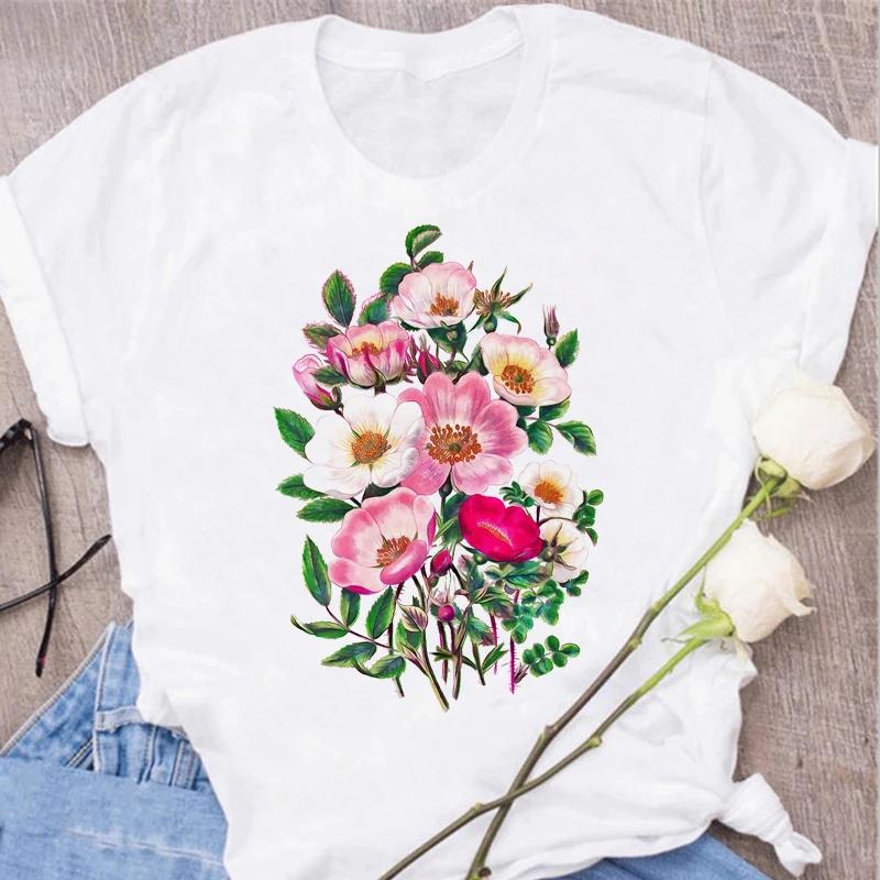Red Rose Print Women T Shirt Summershort Sleeved Round Neck Harajuku Korean Style Graphic Tops Kawaii Female T-shirt Tops