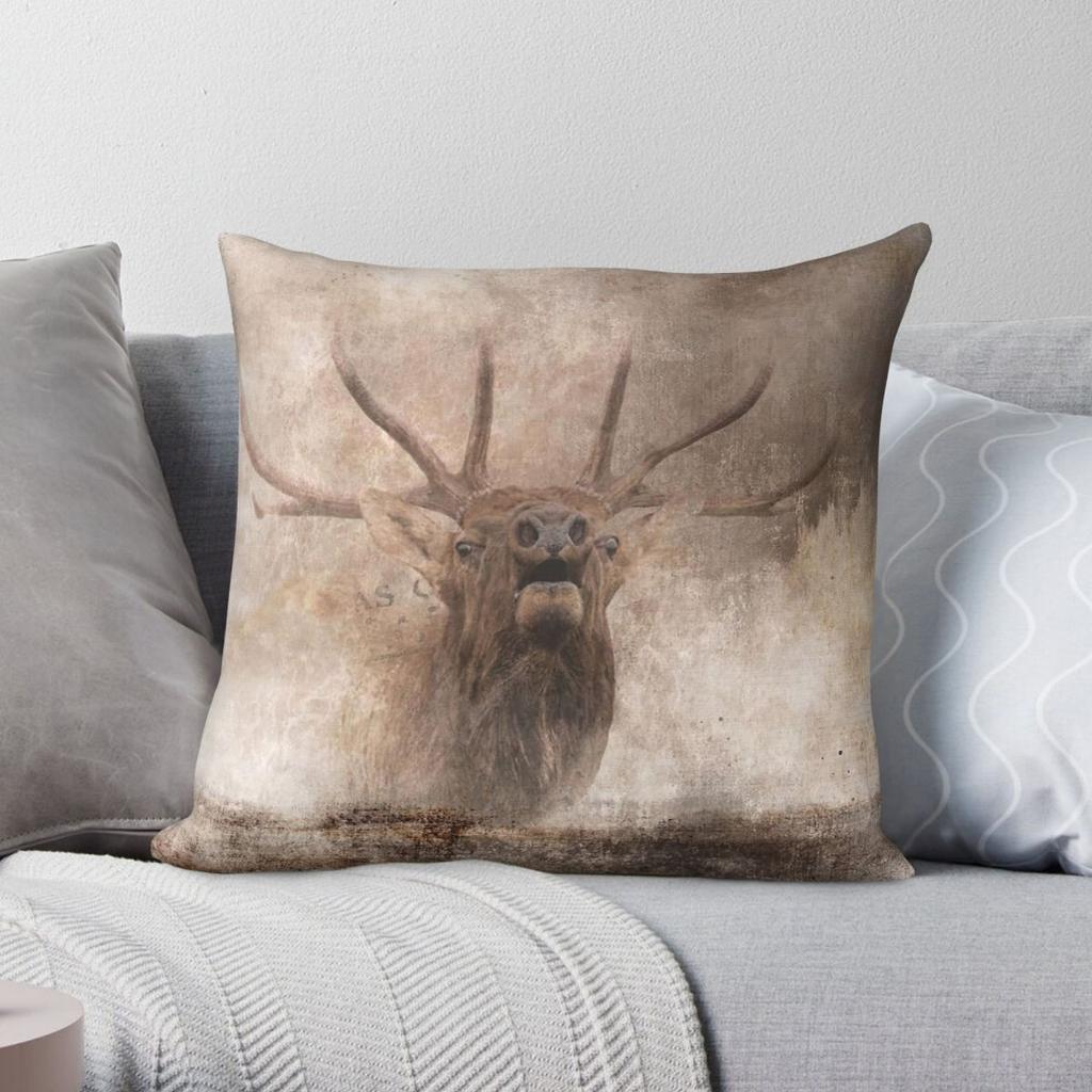 Bugling Bull Elk Cabin Square Pillowcase Polyester Linen Velvet Pattern Zip Decorative Throw Pillow Case Home Cushion Cover