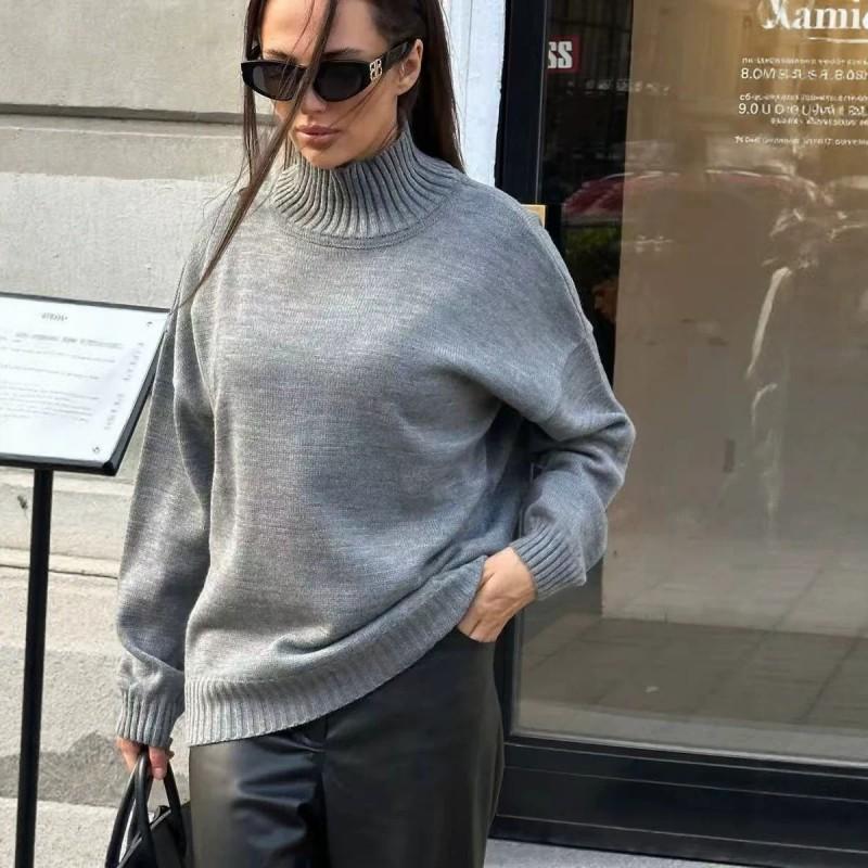 Oversized High Neck Knit Sweater Women Loose Fit Casual Pullover In Coffee Grey Soft Acrylic Blend 2026