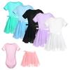 Kids Girls Cotton Short Sleeves Ballet Dance Gymnastics Leotard with Chiffon Skirt Outfit Dancewear Set