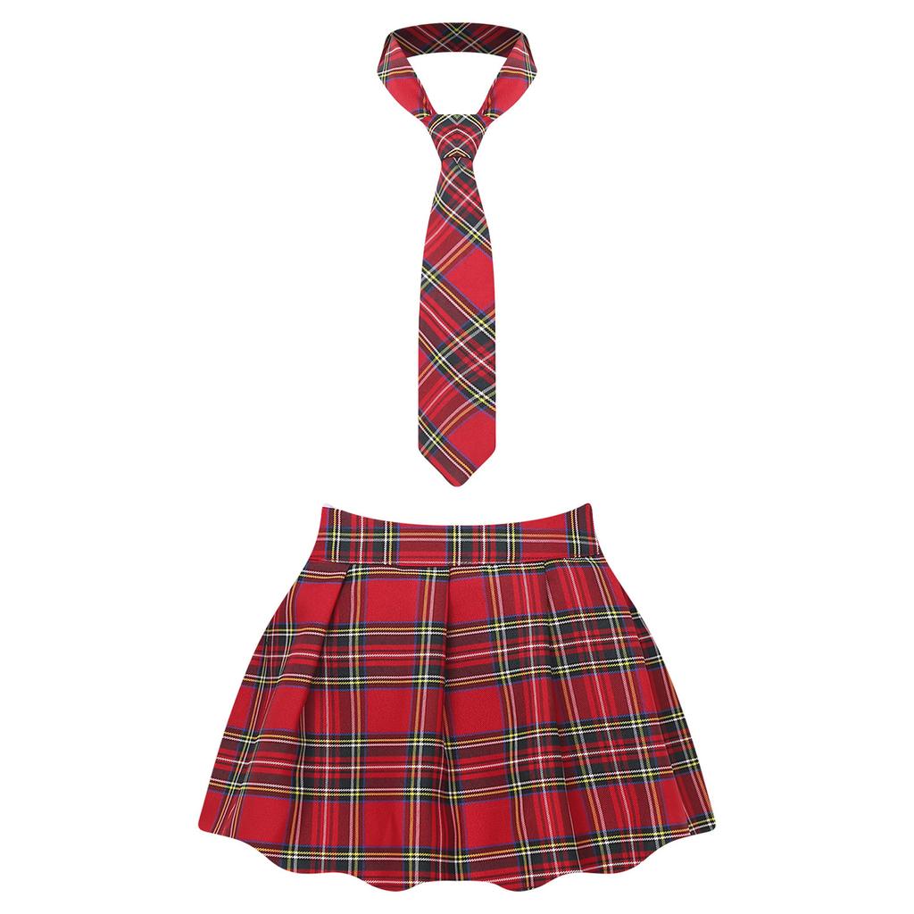 Women Plaid Pleated Mini Skirt with Attached Necktie School Uniform Style Zipper Closure Fancy Dress Costume