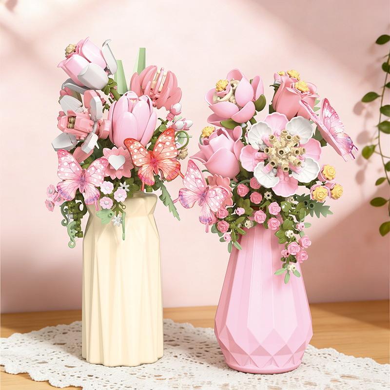 Romantic Flower Bouquets Building Blocks Set - Floral Assembly Construction Toy For  Holiday Gift Idea