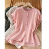 Women Solid Color Ruffle Linen Cotton Shirt Casual Cap Sleeve Breathable Summer Blouse