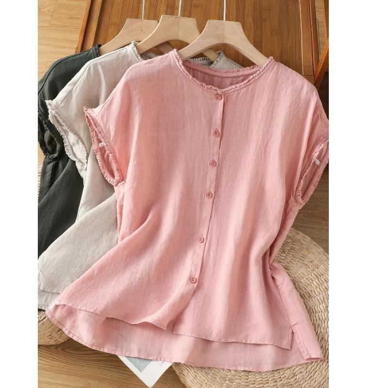 Women Solid Color Ruffle Linen Cotton Shirt Casual Cap Sleeve Breathable Summer Blouse
