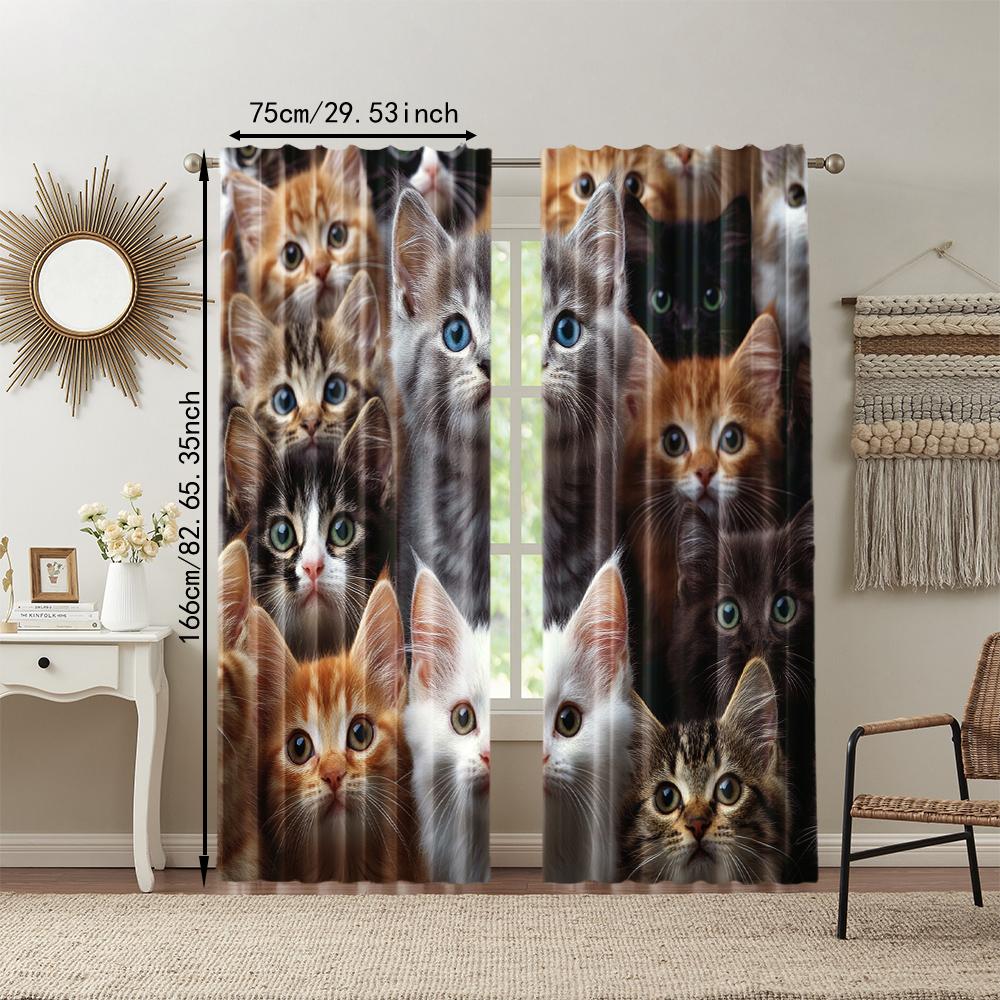 2 pcs, versatile polyester transparent curtains for home decoration Cute Cats for use in bedrooms and living rooms