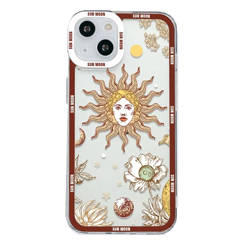 Милый Мультяшный Чехол для Телефона с Лицом Солнца и Луны для IPhone 15 Pro Max 11 12 7 8 14 Plus SE2020 X XR MAX XS 13 Mini Мягкая Прозрачная Крышка Fundas