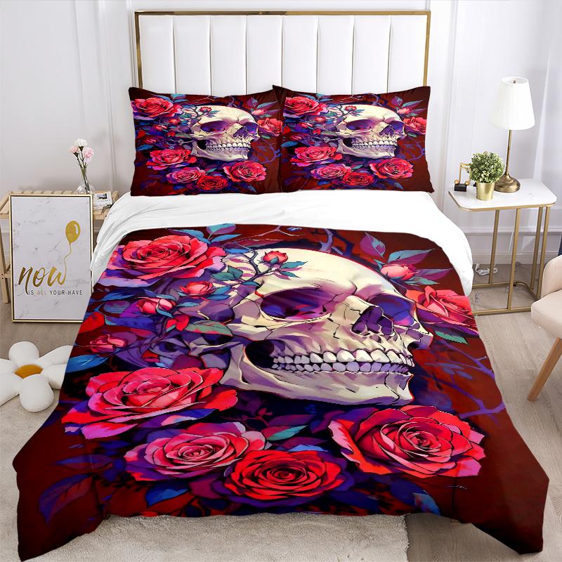 3pcs Skull and Roses Quilt Cover Set - Soft & Comfortable Polyester Fabric, All-Season Breathable Comforter Set For 1 Quilt Cover & 2 Pillowcases