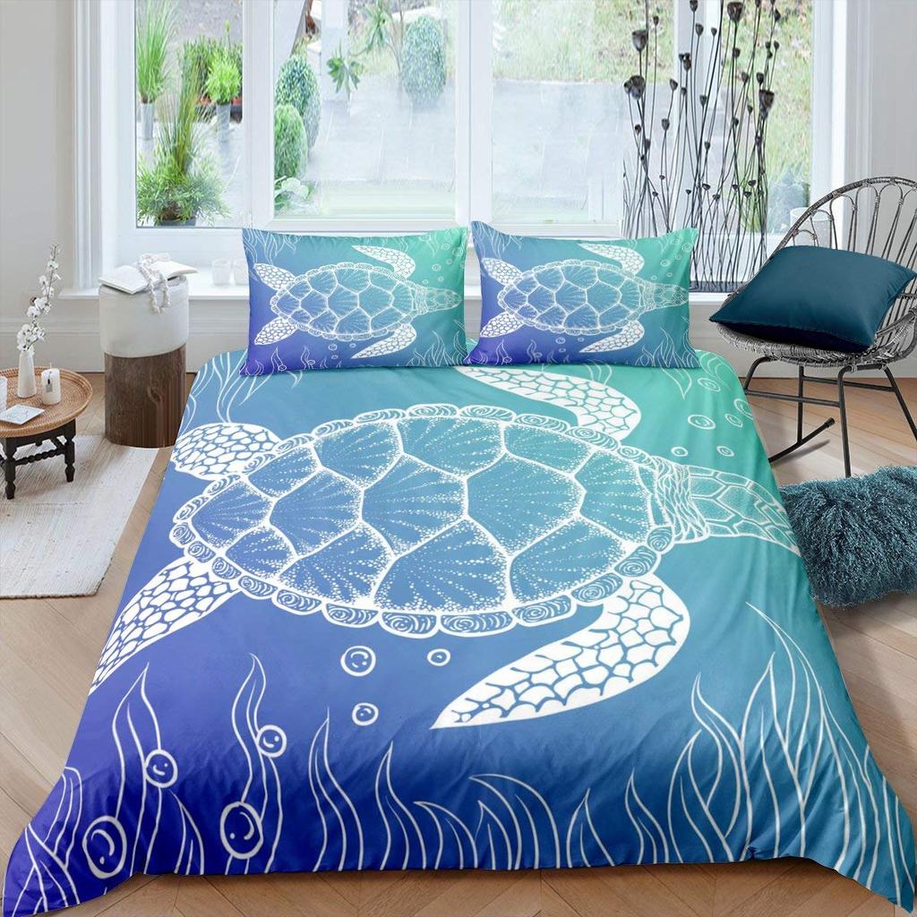 Sea Animals Duvet Cover Set Turtle Print Bedding Sets Queen Size 3D Gorgeous Luxury Comforter Cover Set Marine Life Quilt Cover