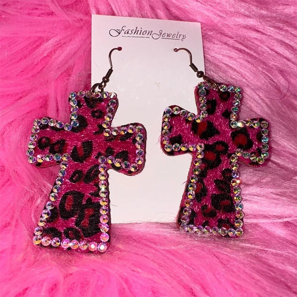 Fashion Y2K Shiny Crystal Cross Earrings Pink Leopard Print Earring Accessorie Vintage Goth Sexy Charm Jewelry Accessories