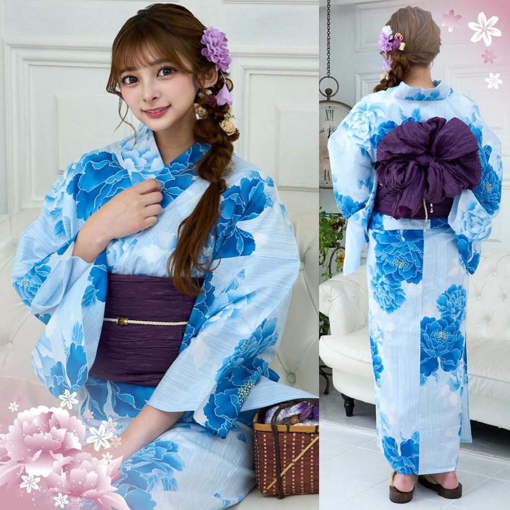 RAVIR Yukata Pale Blue Peony Fluffy Obi and Geta One Size Fits All Women's 3-Piece Set, Pattern, Belt, Sandals, Blue,