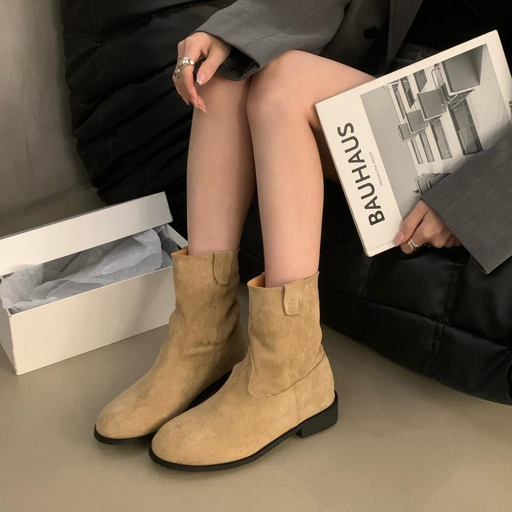 2024 новые корейские ботинки в стиле ins Dongdaemun, нишевые, в стиле ретро, модные женские ботинки, круглый носок, толстый каблук, замшевые маленькие короткие ботинки