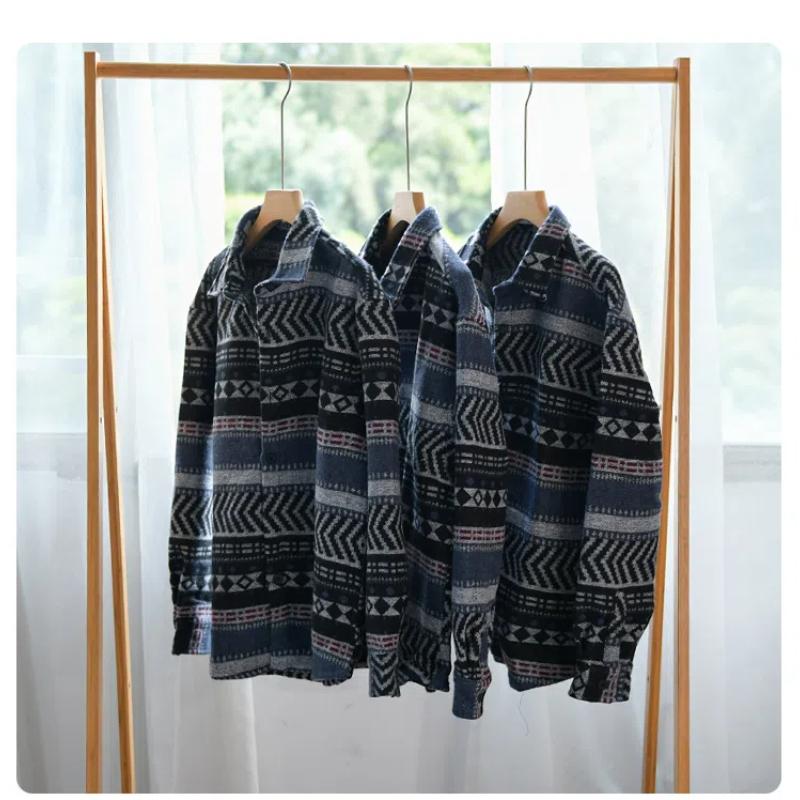 Осенне-зимняя мужская рубашка уличная этническая полосатая рубашка с принтом мужская повседневная рубашка с длинным рукавом утолщенная матовая рубашка винтажные свободные рубашки