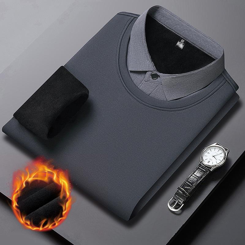 Men S Fleece Lined Fake Two Piece Polo Shirt Long Sleeve Base Layer