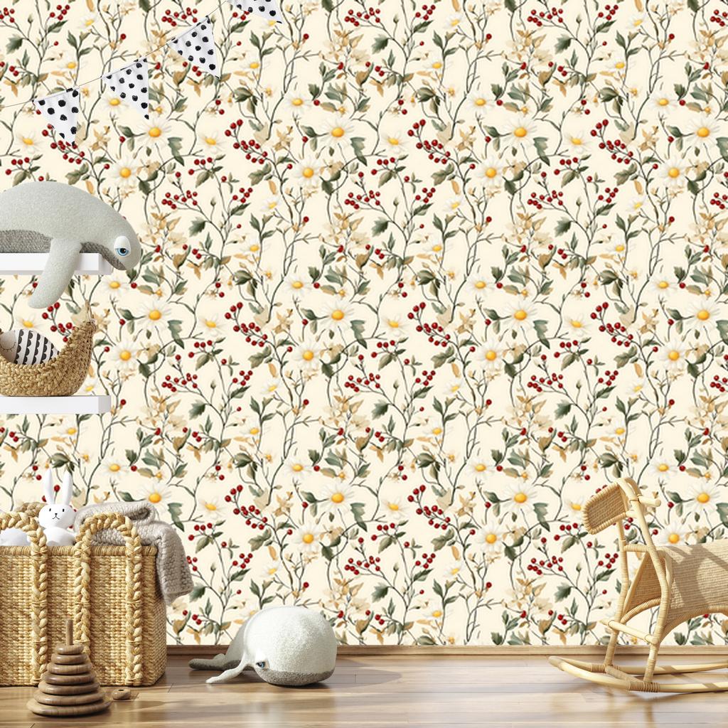 Daisy Wallpaper Cream, Beige and White for Living Room and Bedroom 50x1000