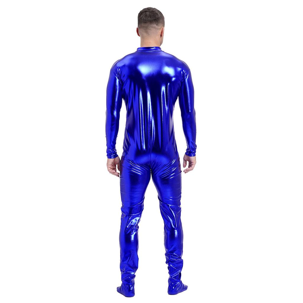 Mens Metallic Zentai Jumpsuit Full Body Tight Mock Neck Long Sleeve Club Performance Costume
