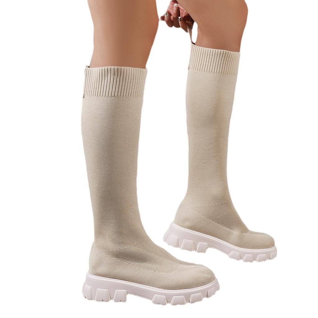 Новая женская обувь, вязаные носки-трубы, ботинки, женская осенне-зимняя мода, круглый носок, толстый каблук, ботинки Мартин