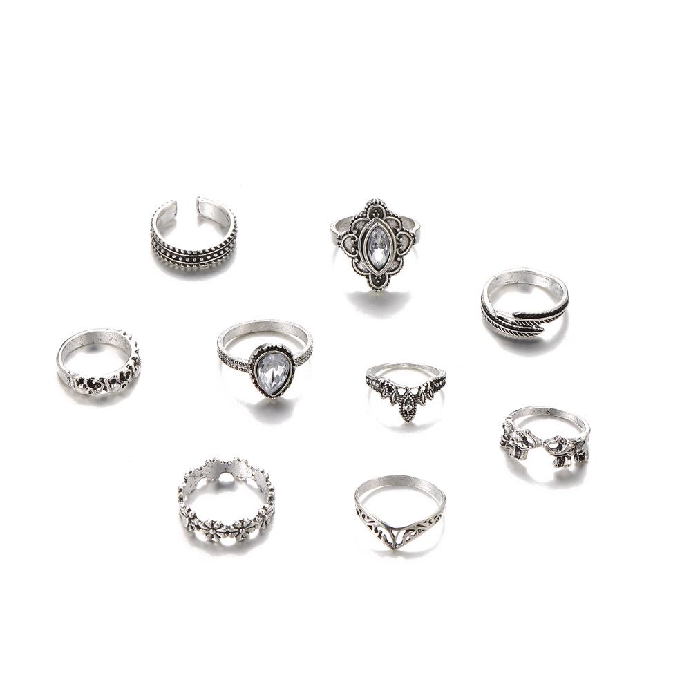 Винтажный набор открытых колец с цветочным узором из страз и перьев - 9 штук