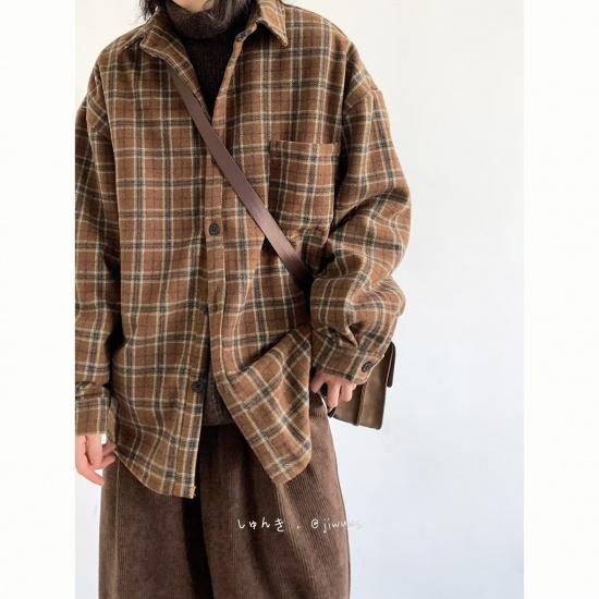 Осенне-зимняя японская клетчатая рубашка, мужская и женская шерстяная свободная рубашка в студенческом стиле, повседневная минималистская рубашка с длинным рукавом, пальто