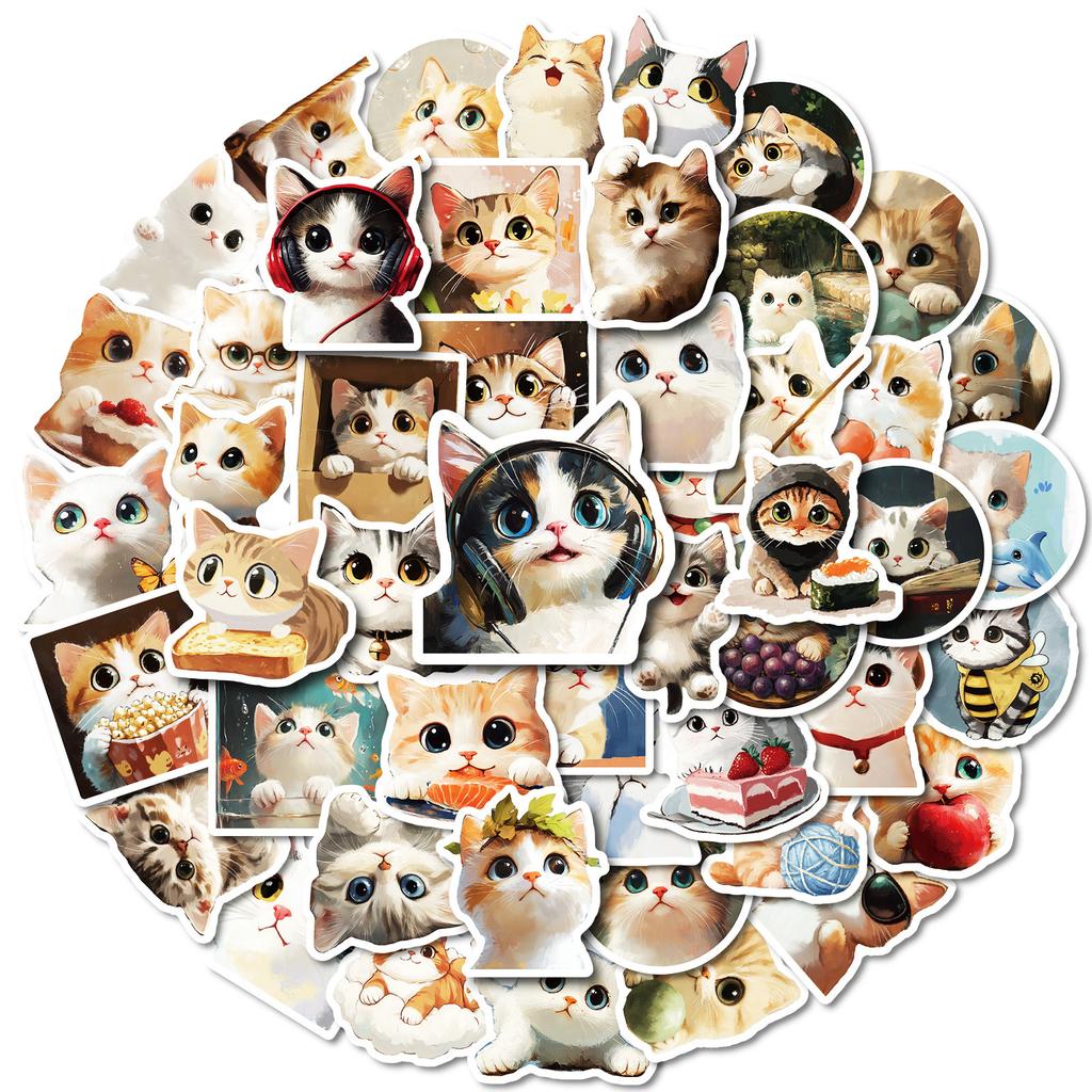 50 Oil Paintings Cat Graffiti Stickers Cute Round Face Kitten Waterproof Decorative Stickers Diy Refrigerator Skateboard Tablet
