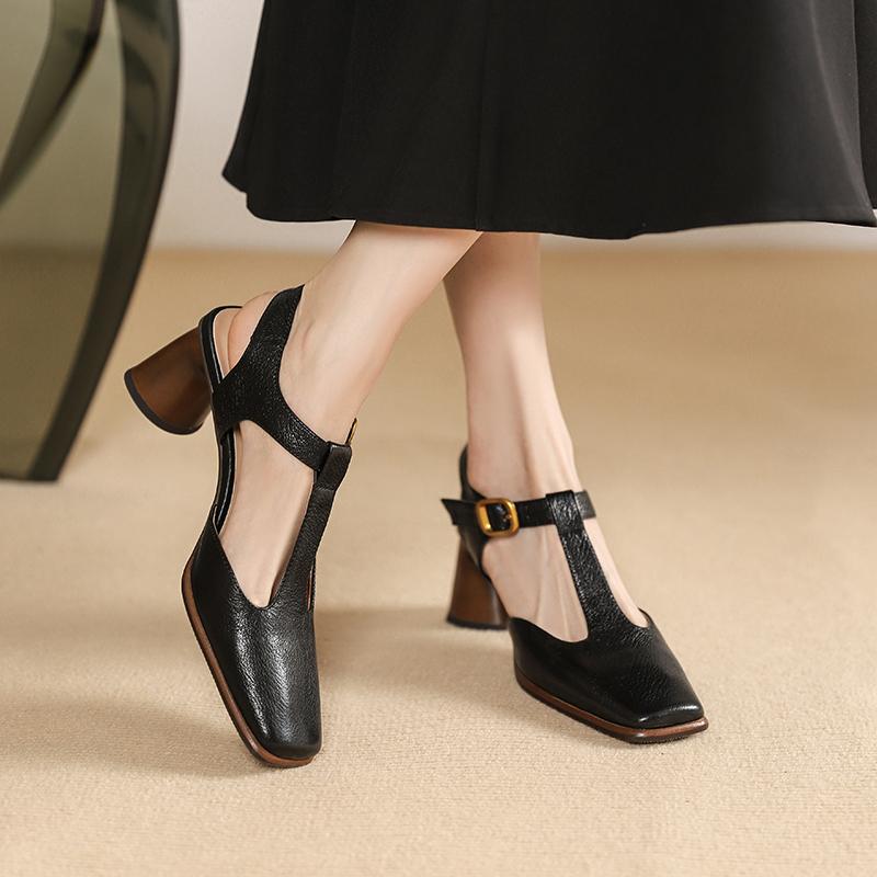 2024 Новые босоножки из натуральной кожи на квадратном каблуке, летняя модная женская обувь, туфли-лодочки на платформе с Т-образным ремешком и пряжкой, квадратный носок