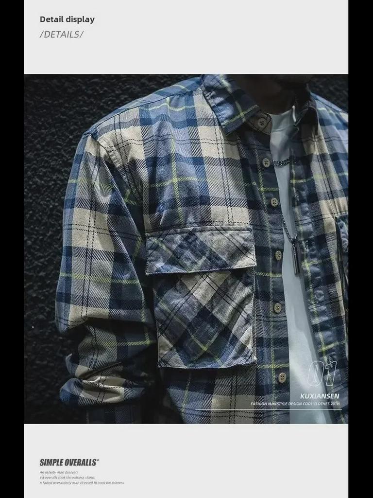 Мужская повседневная рубашка в клетку с длинным рукавом — молодежная мода в японском и гонконгском стиле