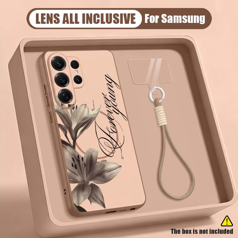 Чехол-шнурок с принтом «Роскошные цветы» для Samsung S26 S25 Ultra S24 Plus S23 FE S22 Ultra A55 A56 A17 A37 A57 5G Магнитная крышка для телефона с ощущением кожи