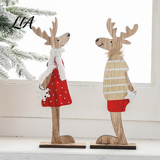 Vintage Style Holiday Window Displays Wooden Christmas Reindeer Figurines, Handpainted Couple Elk Tabletop Ornaments, Rustic Xmas Decorations