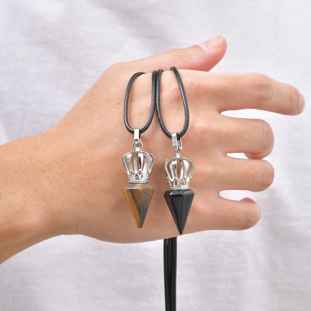 Fashion Cone Natural Stone Pendant Agate Tiger Eye Stone Stainless Steel Crown Adjustable Rope Necklace Stylish Jewelry for Men
