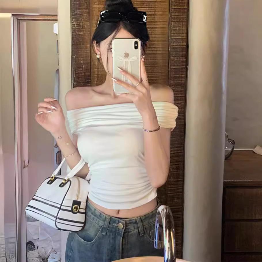 Женский облегающий топ на одно плечо с коротким рукавом - Летняя футболка с открытыми плечами