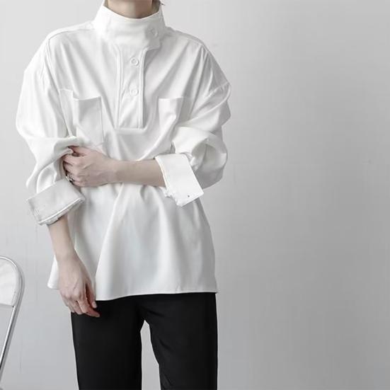 Женская рубашка с полувысоким воротником, пуговицами, полузастежкой, длинным рукавом, с карманами, однотонная свободная посадка, топы-пуловеры
