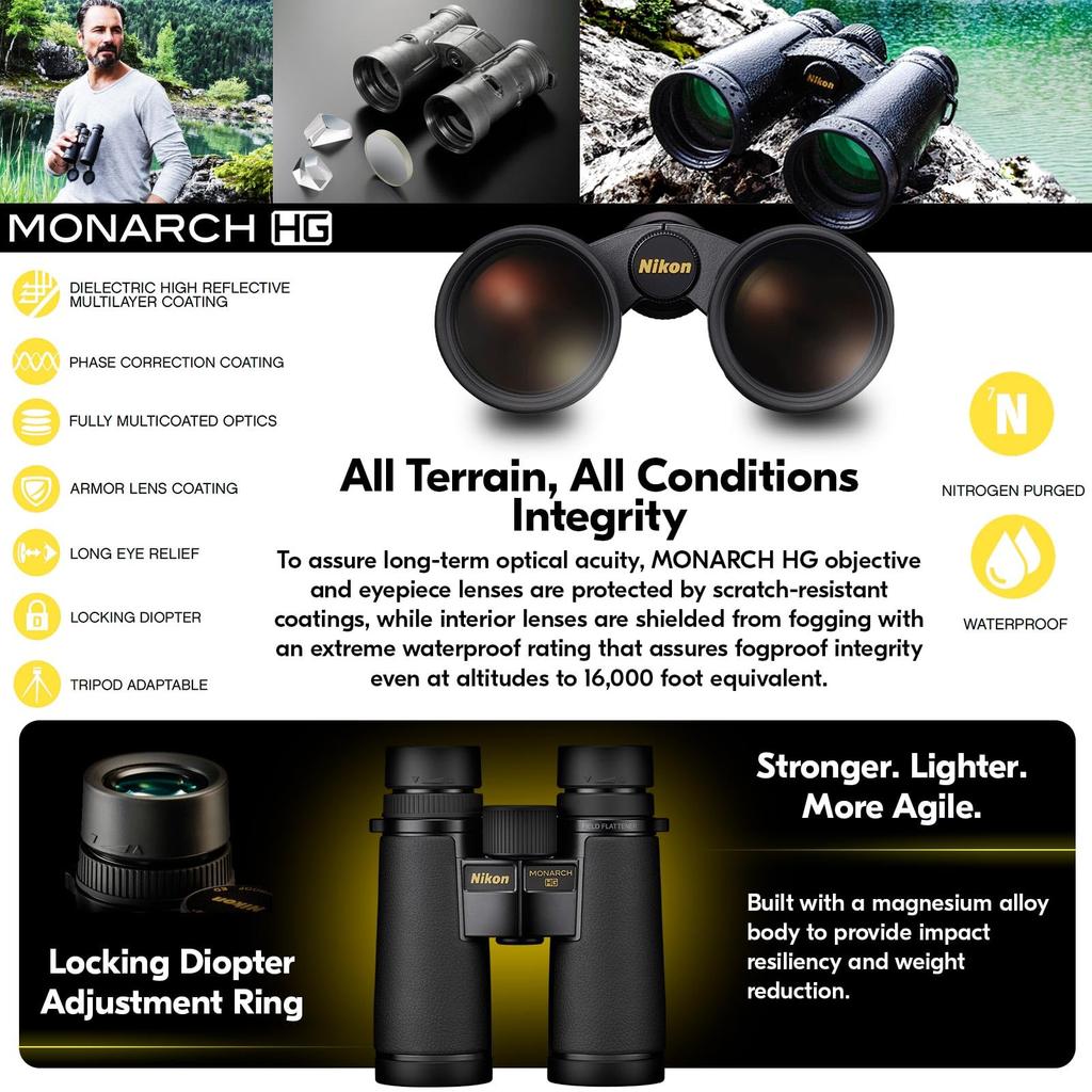 Nikon Бинокль Monarch HG 8x42 Широкое поле зрения Яркие линзы с многослойным покрытием Высокое разрешение Водонепроницаемый Защита от запотевания Для наблюдения за природой на открытом воздухе