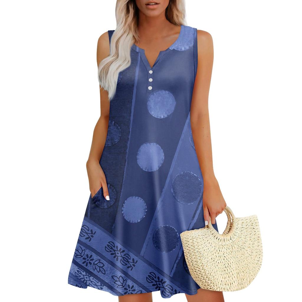 Женские летние платья Свободные сарафаны без рукавов с V-образным вырезом Платье с карманами