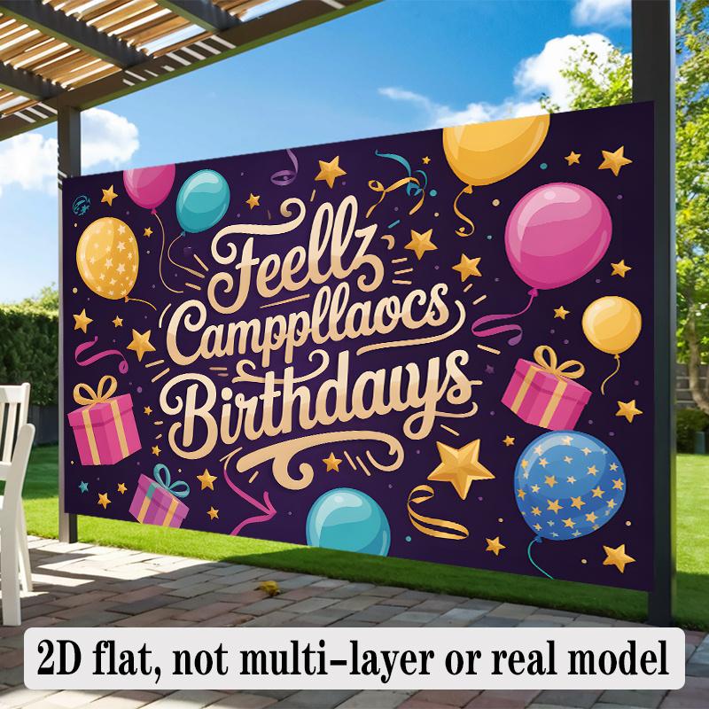 Happy Birthday Golden & Gold Design, 1pc Polyester Party Backdrop Banner, Photo Booth Background, Wall Decor
