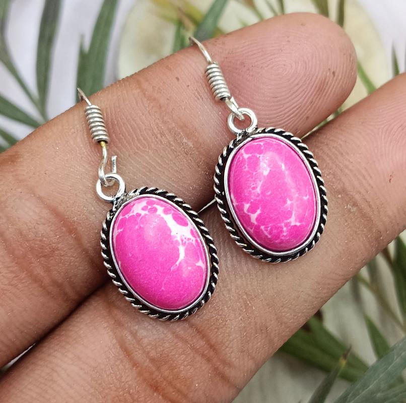 Pink Turquoise Gemstone 925 Sterling Silver Plated Hook Earring VG-45