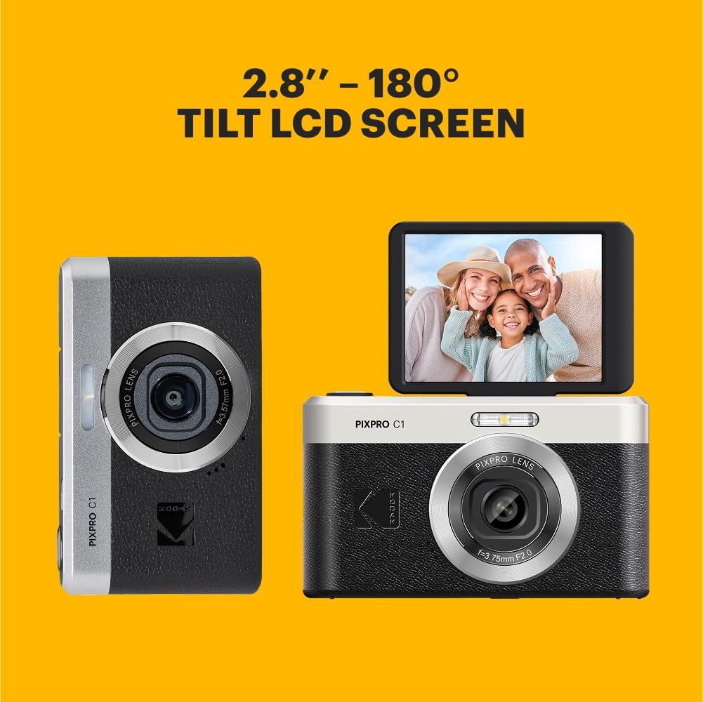KODAK Pixpro C1 – Ультракомпактная цифровая камера  13 МП BSI CMOS, 4-кратный зум, 2,8-дюймовый ЖК-экран, Встроенная светодиодная вспышка – Черный