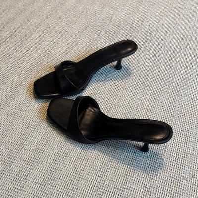 Кожаные туфли-шлепанцы на высоком каблуке с квадратным носком для женщин, новая модель, босоножки-стилетто с открытым носком